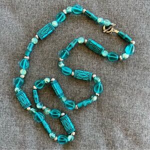 Turquoise Color Glass and Plastic Beaded 34” Long Necklace